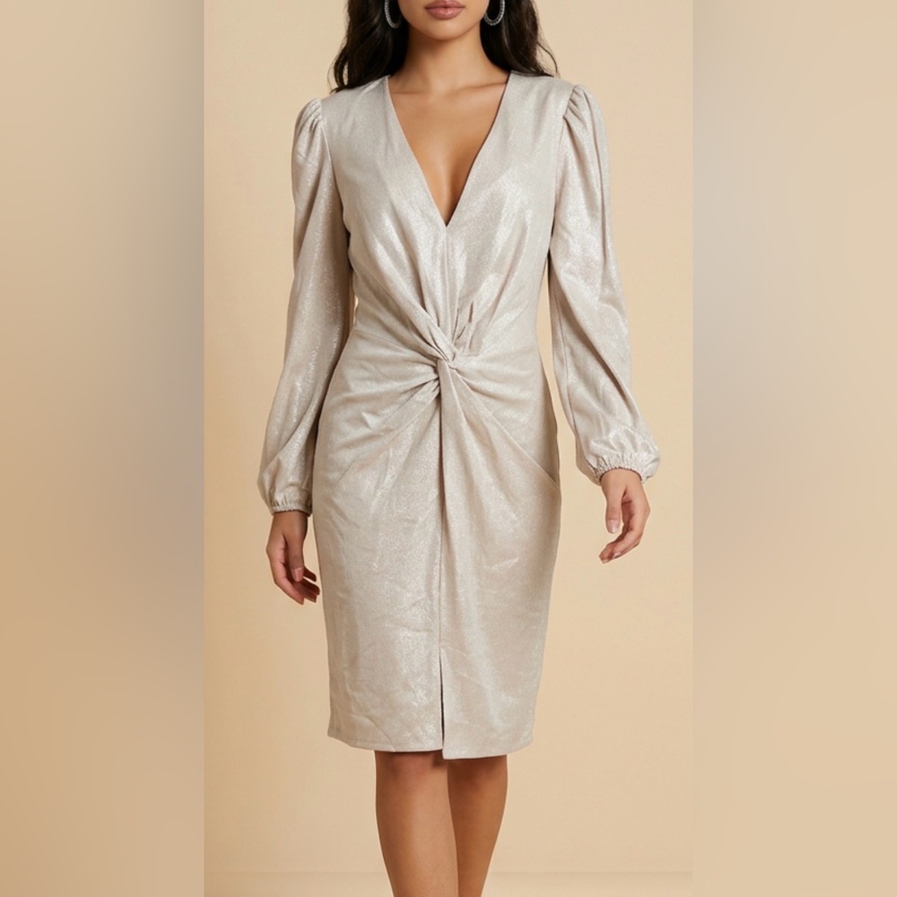 INC International Concepts Metallic Cream Twist-Front Long Sleeve Dress